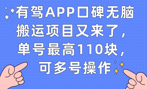 有驾APP口碑无脑搬运项目又来了，单号最高110块，可多号操作-智宝网创