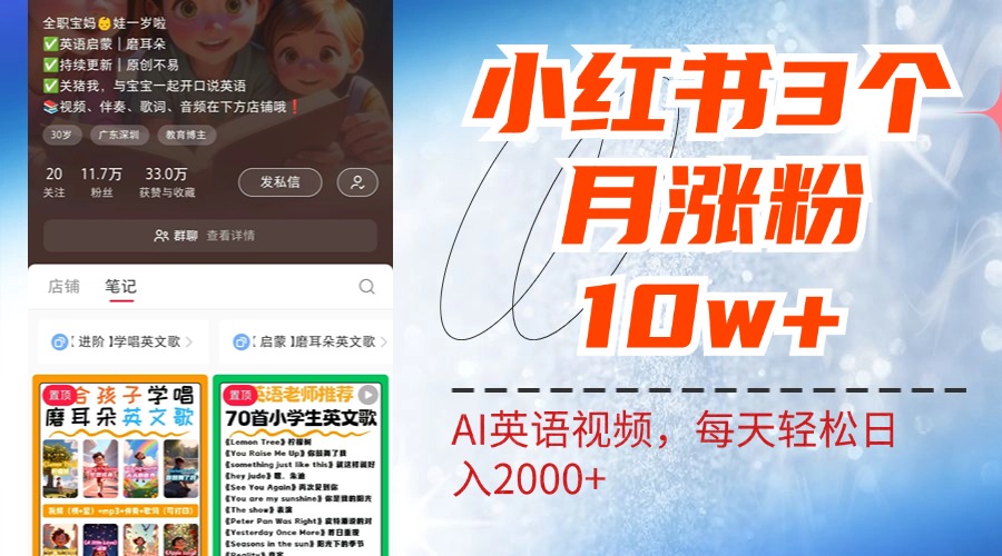 小红书三个月涨粉10W！AI英语视频0成本制作，每天轻松日入2000+-智宝网创