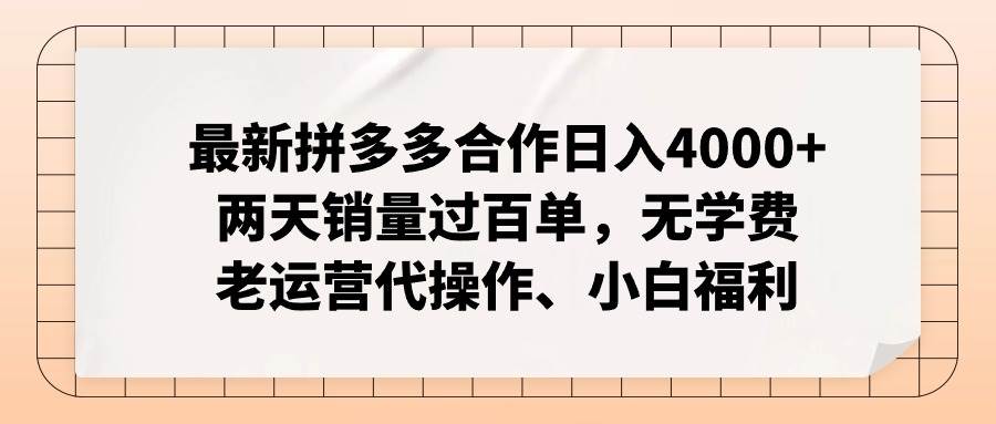 最新拼多多合作日入4000+两天销量过百单，无学费、老运营代操作、小白福利-智宝网创
