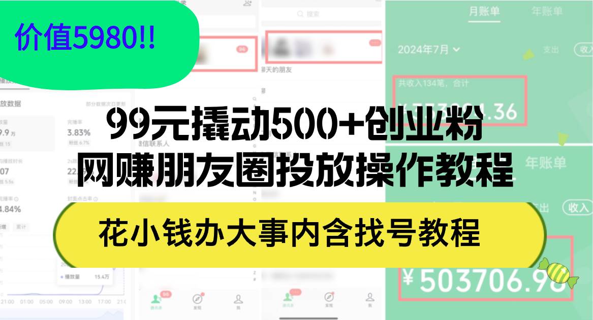 99元撬动500+创业粉，网赚朋友圈投放操作教程价值5980！花小钱办大事内…-智宝网创