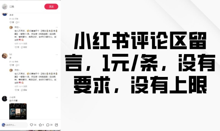 小红书评论区留言，1元条，没有要求，没有上限-智宝网创