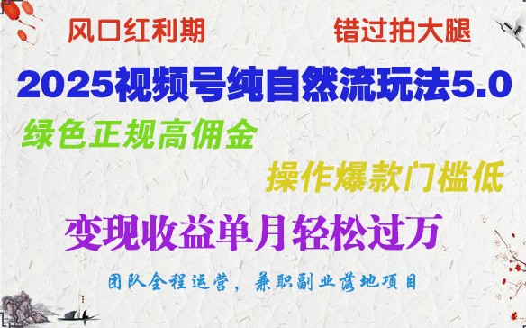 2025视频号纯自然流玩法5.0，绿色正规高佣金，操作爆款门槛低，变现收益单月轻松过万-智宝网创