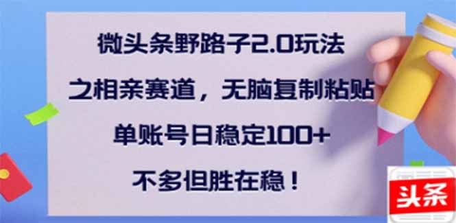 .微头条野路子2.0玩法之相亲赛道，无脑搬砖复制粘贴，单账号日稳定300+…-智宝网创
