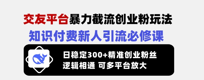 交友平台暴力截流创业粉玩法，知识付费新人引流必修课，日稳定300+精准创业粉丝，逻辑相通可多平台放大-智宝网创
