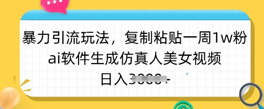 暴力引流玩法，复制粘贴一周1w粉，ai软件生成仿真人美女视频，日入多张-智宝网创
