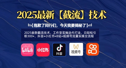 2025最新截流技术，工作室实操迭代打法，日轻松引粉300+，抖音+小红书+B站+视频号流量实操全流程-智宝网创