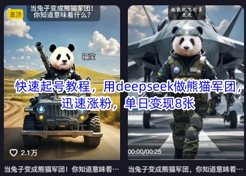 快速起号教程，用deepseek做熊猫军团，迅速涨粉，单日变现8张-智宝网创