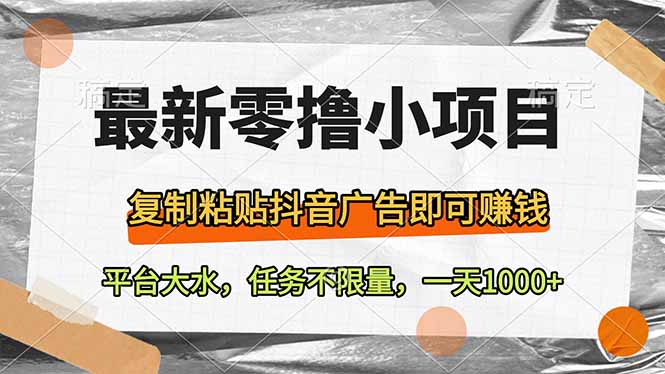 最新零撸小项目，复制粘贴抖音广告即可赚钱，平台大水，任务不限量，一…-智宝网创